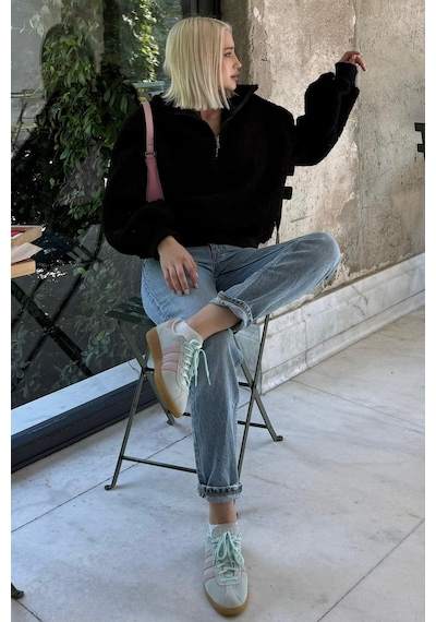 Siyah Peluş Fermuar Yaka Sweatshirt Mg1413 Siyah
