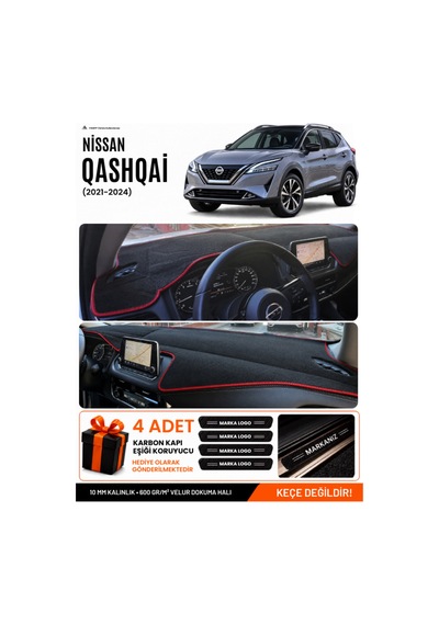 Nissan Qashqaı 2021-2024 Uyumlu Torpido Örtüsü, Torpido Kılıfı - Siyah-kırmızı - Nı021