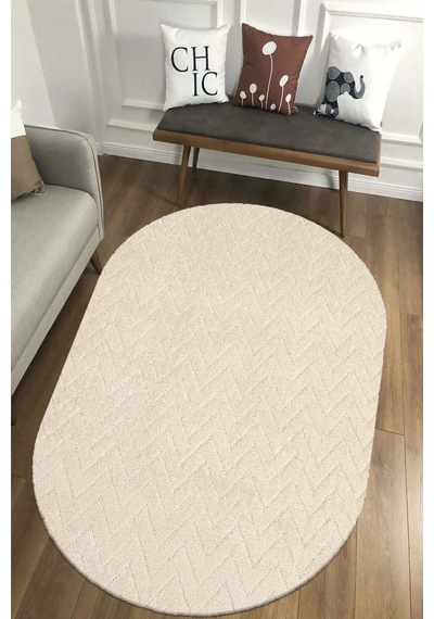Raschel Carpet Moopy Oval Krem Bukleli Yumuşak Zikzak Dokuma Yolluk Halı Salon Halısı Lp6497 Krem Krem