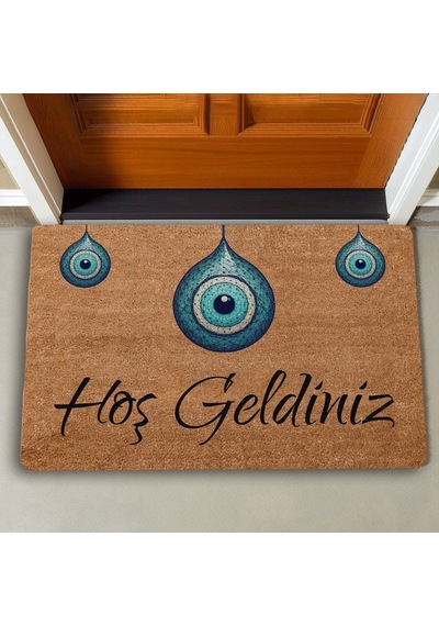 Valerine Life Bize Nazar Değmesin Üçlü Nazar Boncuğu Hoş Geldiniz Kapı Önü Paspası 45x70cm