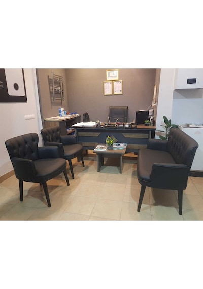 Siyah Deri Ahşap Ayaklı Ofis Koltuğu Bekleme Salonu Koltuğu Misafir Koltuğu Kafe Sandalyesi 2+1+1