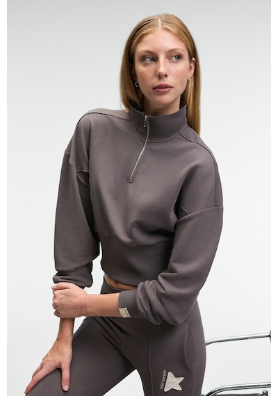 Grımelange THALIA Kadın Arka Baskılı Ve Patch Detaylı Fermuarlı Dik Yakalı Antrasit Sweatshirt