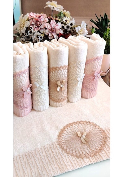 3.lü Set Çeyizlik 50x90 Cm. Lüks Piliseli Özel Kadife Doku El Ve Yüz Havlu Seti, Nişan Havlusu Krem6.lı Krem
