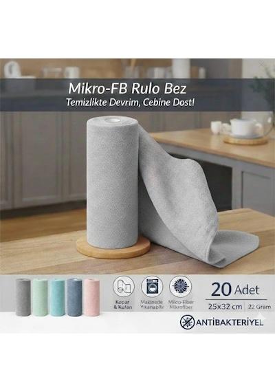 Fb Cup 20'li Rulo Mikro-fb Çok Amaçlı %100 Mikrofiber Temizlik Bezi 25x32 Kopart Kullan Antrasit Gri Koyu Mavi