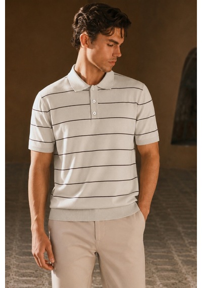 Tarz Cool Erkek Old Money Çizgili Polo Yaka Triko Tişört Slim Fit Bej