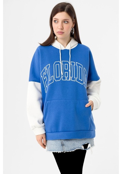 Kadın Sweatshirt Kapüşonlu Baskılı Üç İplik Şardonlu