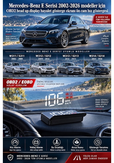 Mercedes-benz E Serisi 2002-2026 Modeller İçin Obd2 Head Up Display Hayalet Gösterge Ekranı Ön Cam Hız Göstergesi