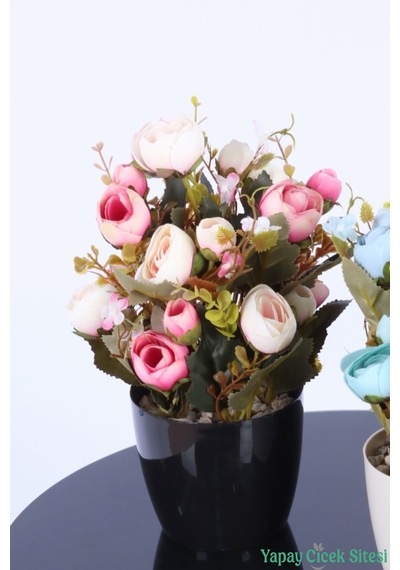 Yapay Çiçek Sitesi Plastik Saksıda Yapay Ranunkulus Tanzimi 2'li Set 30 Cm Pudra Pembe - Turkuaz