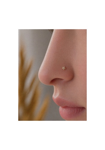 Altın Tektaş Kar Tanesi Figür Geçmeli Hızma Burun Piercing 14 Ayar