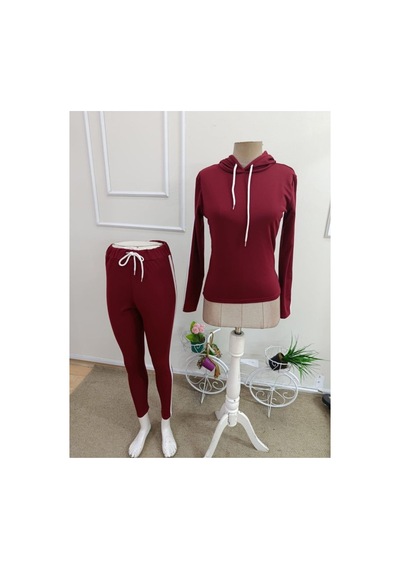 Butik İstanbul Kadın Uzun Kollu Kapşonlu Bağcıklı Şardonlu Dalgıç Bluz Ve Tayt Pantolon Ikili Takım Bordo