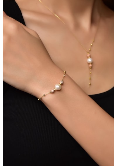 Papatya Silver 925 Ayar Gümüş Rose-Gold Kaplama Inci Simli Dorika Toplu Kolye ve Bileklik Set