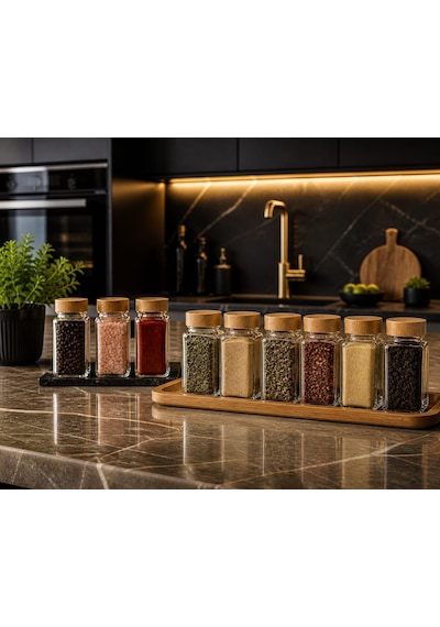 Bambu Kapaklı Cam Baharatlık Seti 12 Adet, Şeffaf Kare Baharat Kavanozu, Plastik Delikli İç Kapaklı Kontrollü Döküm Sistemi, 11x4x4 Cm Mutfak Düzenleyici Baharat Saklama Kabı Seti Çok Renkli