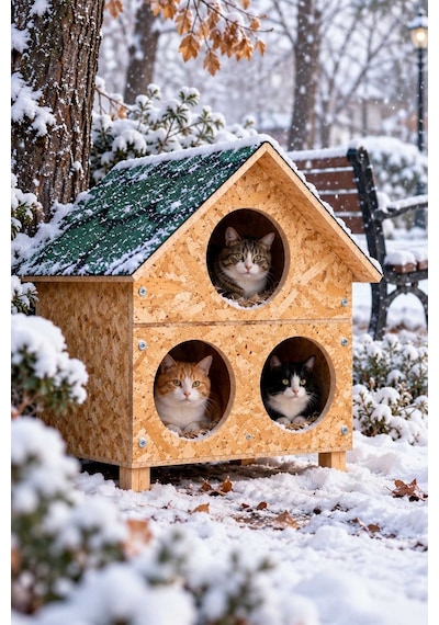 Reyo 3 Bölmeli Büyük Kedi Evi Osb Su Yalıtımlı Rüzgar ve Soğuğa Dayanıklı Ahşap Kedi Evi Sokak Hayvanları İçin Kedi Barınağı Kedi Yuvası 58 x 58 x 40 CM CAT28
