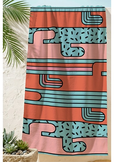 Geometrik Modern Çizgili Plaj Havlusu - Soyut Retro Turuncu Mint Hızlı Kuruyan Mikrofiber Havlu Çok Renkli