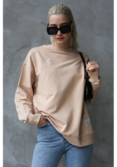 Madmext Bej Basic Oversize Kadın Sweatshirt Mg1686 Bej