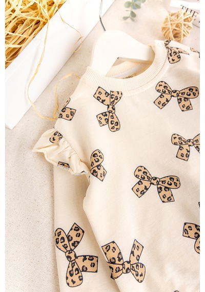 Babymod Fiyonk Baskılı Leopar Desenli İkili Pamuklu Kız Bebek Çocuk Takım Bej