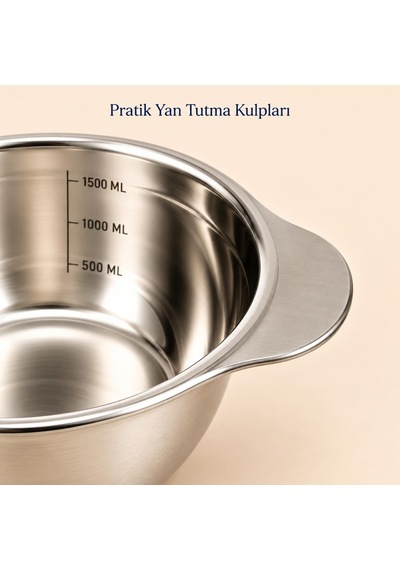 Paslanmaz Çelik 1500 Ml Ölçülü Kap 23 Cm, İç Ölçek Çizgili 1,5 Litre Karıştırma Ve Hazırlık Kabı, Çift Yan Tutamaçlı Mutfak Ölçü Kabı Çok Renkli