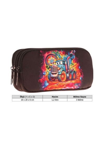 Kaukko Kids Siyah, Kamyon, Erkek Çocuk Üç Bölmeli Kalemlik/kalem Çantası - L8274 Siyah - Kırmızı