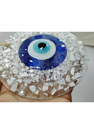 Beyaz Kırıntılı Cam Nazar Boncuğu El Yapımı Duvar Dekoru 13 Cm