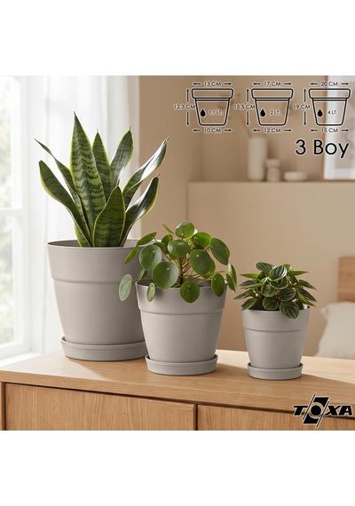 Tabaklı Delikli Plastik Çiçek Saksısı, 3 Boy, Bej Diğer