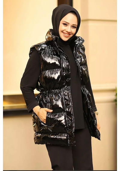 Hb Harma Time Butik Kadın Çıt Çıtlı Fermuarlı Cepli Siyah Parlak Şişme Yelek