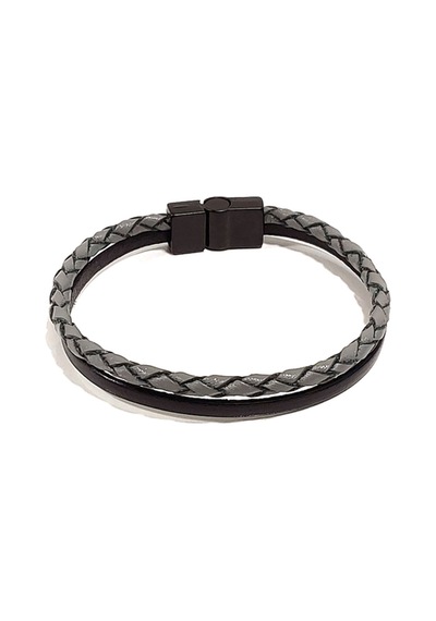 Gri Siyah Karışımlı İnce Hakiki Deri Erkek Bileklik Mıknatıslı Metal Tokalı Minimal Tasarım Antrasit