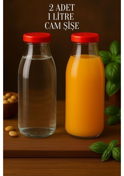 2 Adet 1 Litre Şeffaf Sürahi Süt, Ayran, Su, Limonata, Meşrubat Şişesi Plastik Kapaklı Cam Şişe