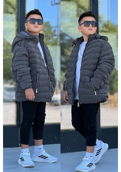 Pina Kids Erkek Çocuk Çıkarılabilir Kapüşonlu Sık Dikişli Nova Kumaş Kışlık Şişme Mont Km4016 Füme