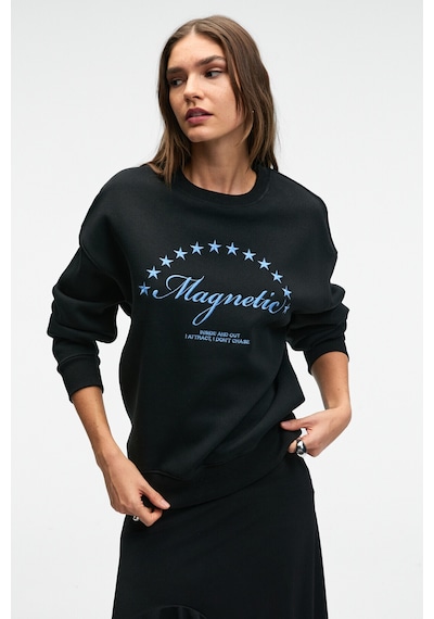 Grımelange VISTARA Kadın Nakış Detaylı Yuvarlak Yaka Regular Fit Siyah Sweatshirt