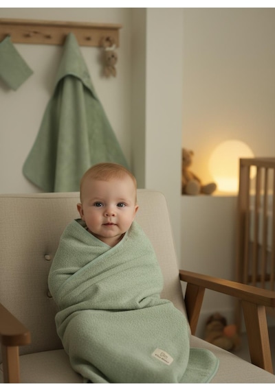 Bambu Antibakteriyel Bebek Nakışlı Havlu Kundak 75x75 Ve Kese Yeşil