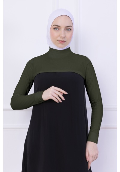 Loggia Balıkçı Yaka Boyunluklu Kolluk Haki Yeşil - Likralı Dik Yakalı Kadın Body Tesettür Crop Bolero Haki