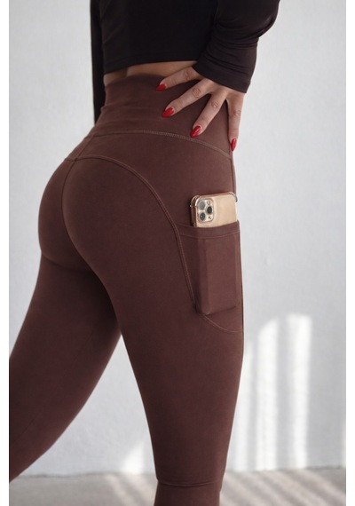 Balenbi Haute Kadın Yüksek Bel Toparlayıcı Çift Cepli Leggings Fitness Tayt 1092 Kahverengi