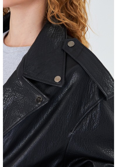 M M Marki Marki Kadın Hakiki Jumbo Deri Ceket Biker Tarz, Kemerli, Oversize, Apoletli, 65 Cm, Siyah - 507322