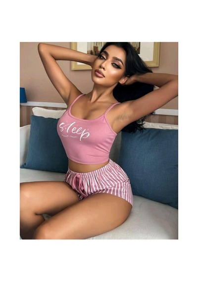 Mr Owl Kadın Pembe Çizgili Askılı Şortlu Pijama Takımı