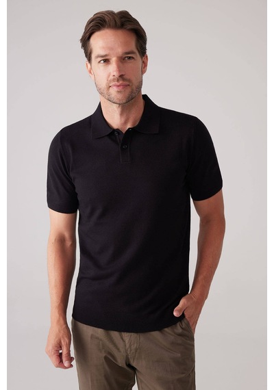 Erkek Siyah Slim Fit Kaşmir Karışımlı Polo Yaka Tişört