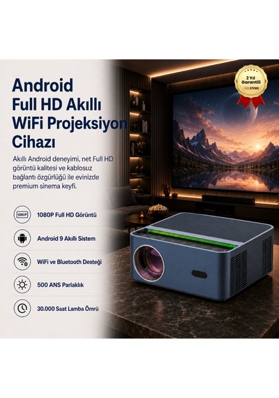 1080p Hd Android Sistemli Wifi Bluetooth 150 İnch Hoparlörlü Hdmı 500 Ans Akıllı Projeksiyon Cihazı-502