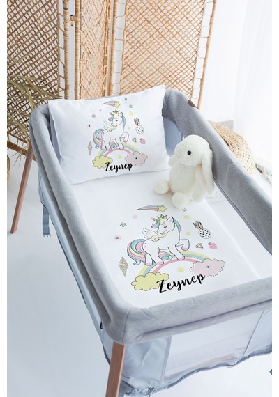 Lilabio %100 Pamuk Saten İsme Özel İsimli 70x120 Park Yatak Nevresim Seti Unicorn Gökkuşağı