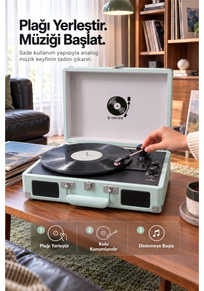 Kensa Bluetooth Lu Nostaljik Çantalı Pikap 33/45/78 Devir Dahili Bataryalı Plak Çalar Açık Yeşil
