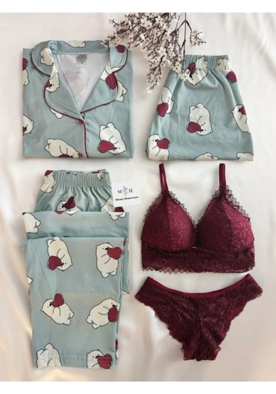Mh Moony Homewears 5'li Al Kalbimi Penye Pijama İç Giyim Çeyiz Seti Gri