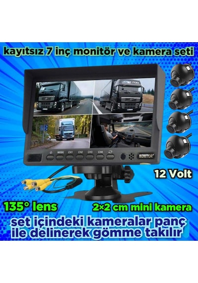4 Adet Mini Kasa Kamera Ve 7 İnç Kayıtsız Monitör 12 Volt
