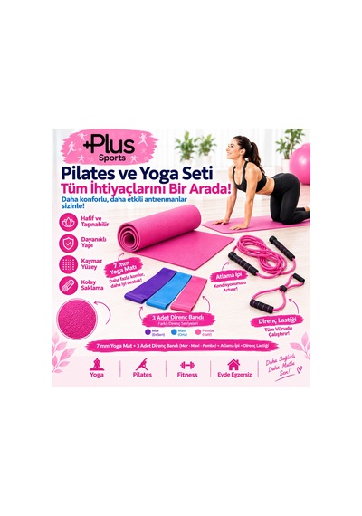 7 Mm Pilates Minderi + 3'lü Direnç Bandı + Atlama İpi + Kelebek Direnç Lastiği Pembe Pembe