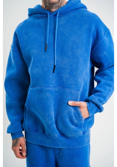 Barlashive Erkek 3 İplik Pamuklu Oversize Kapüşonlu Yıkamalı Hoodie Sweatshirt - Mavi Çok Renkli