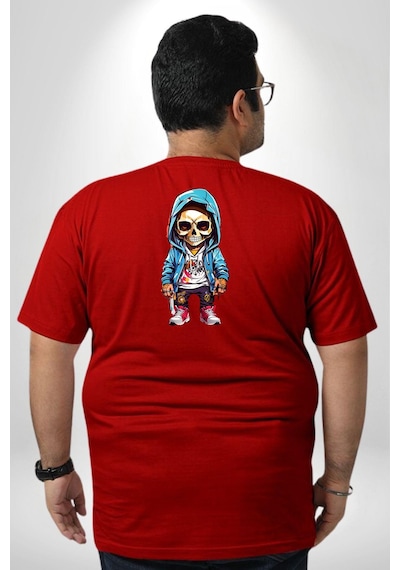 Angemiel Hiphop Kurukafa Hoodie Büyük Beden Kırmızı Tişört Kadın Erkek Ünisex Sırt Baskılı Kırmızı