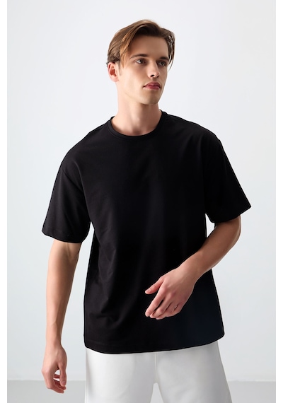 Air Jones Tommy Life Siyah Pamuklu Kalın Yumuşak Dokulu Oversize Fit Basic Erkek T-shirt - 88377 Siyah