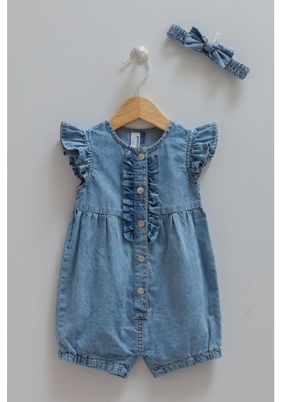 Kıpırık Baby Kız Bebek Kot Tulum Kot Kurdele Detaylı Taçlı-1296 Mavi