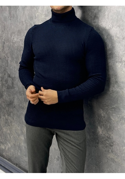 Modefendi Slim Fit İtalyan Kesim Balıksırtı Rengi Tam Boğazlı Kazak Lacivert