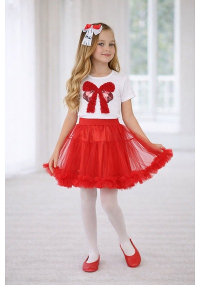 Dıgıl Kids Kız Çocuk Kurdele Desenli T-shirt Etek Takım Kırmızı4