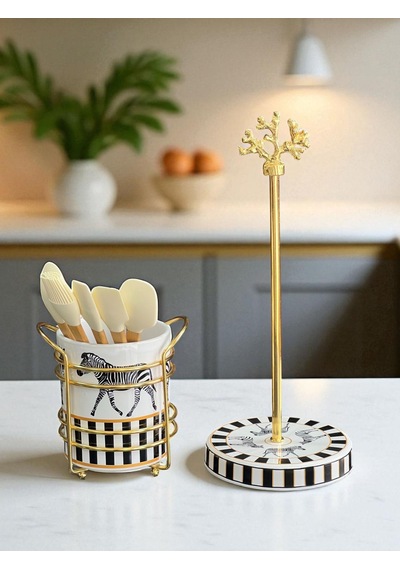 Kaşıklık - Kağıt Havluluk 2 Li Set Zebra At Desen Gold Siyah