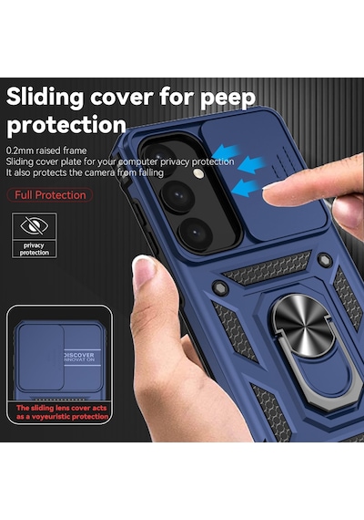 Samsung Galaxy S25 Plus Uyumlu Kamera Sürgülü Tank Kılıf Ve Temperli Cam Ekran Koruyucu Set Lacivert