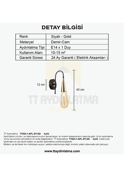 Tt023-1-apl-sy-gd Tt Aydınlatma Damla Modeli Gold - Siyah Aplik Siyah Gold